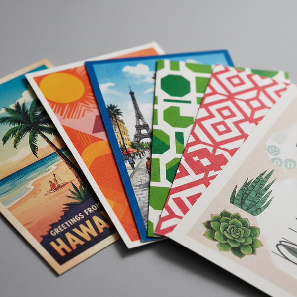 Angled postcards with vivid colors