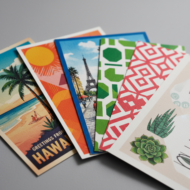 Angled postcards with vivid colors